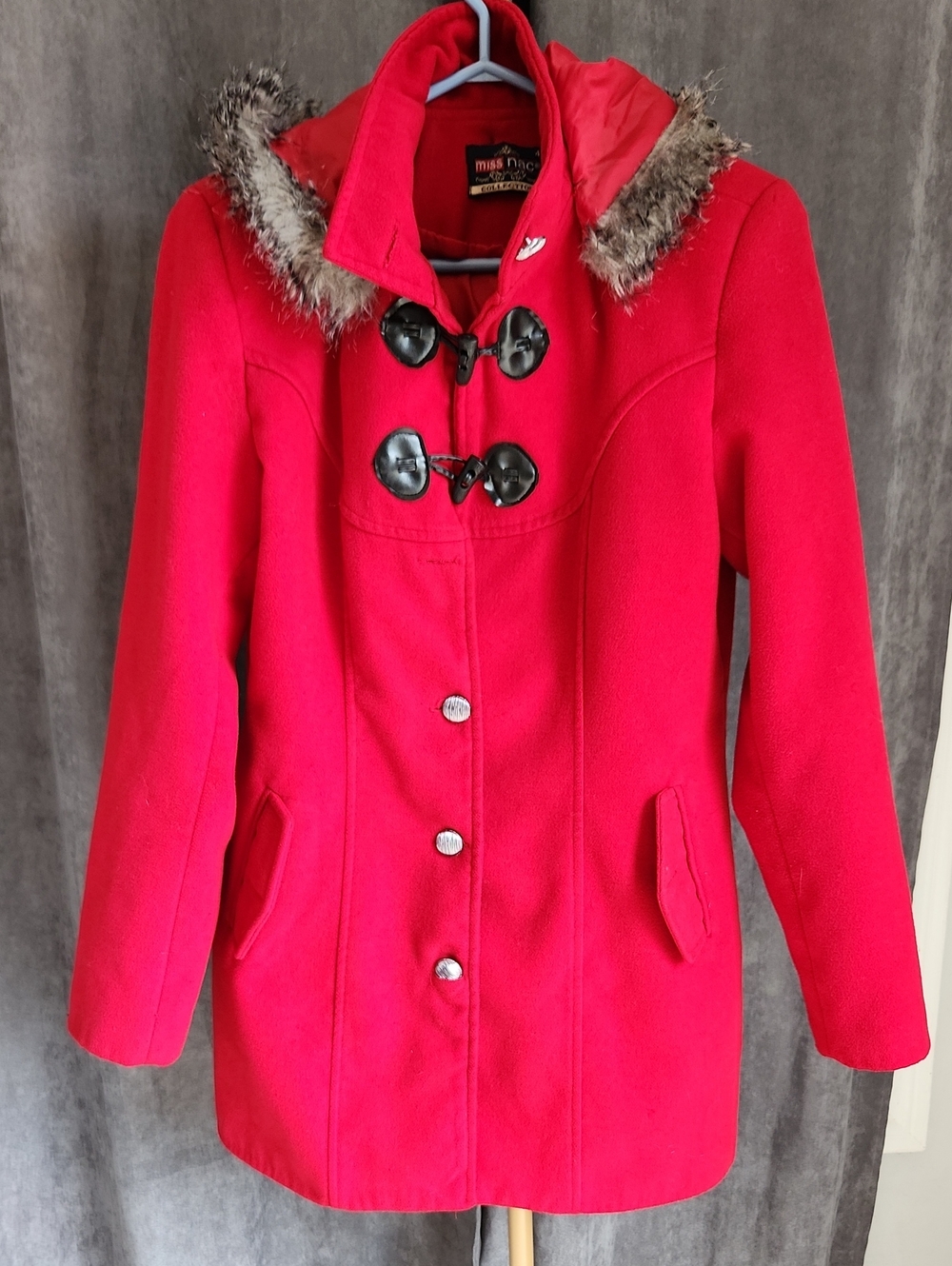 Miss Dior Red Wool Blend Toggle Coat with Faux Fur Trim